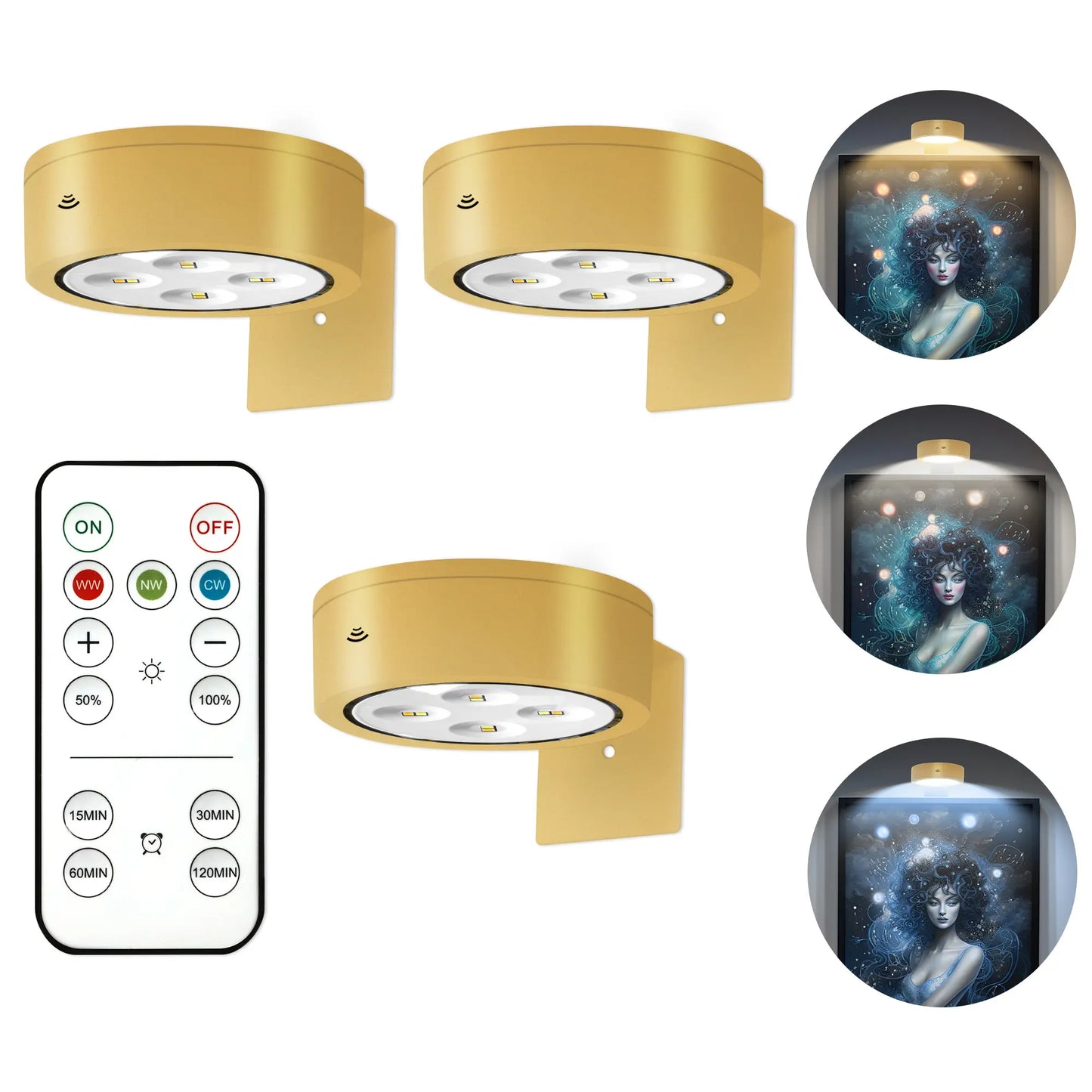 3 PCS Battery Operated Painting Lights, Magnetic LED Painting Lights with Remote Dimming and Timer, 3 Lighting Modes Art Display Lights for Frame Displays, Wireless Wall Decor Puck Lights, Gold Night Light Battery Operated Counter Lamp