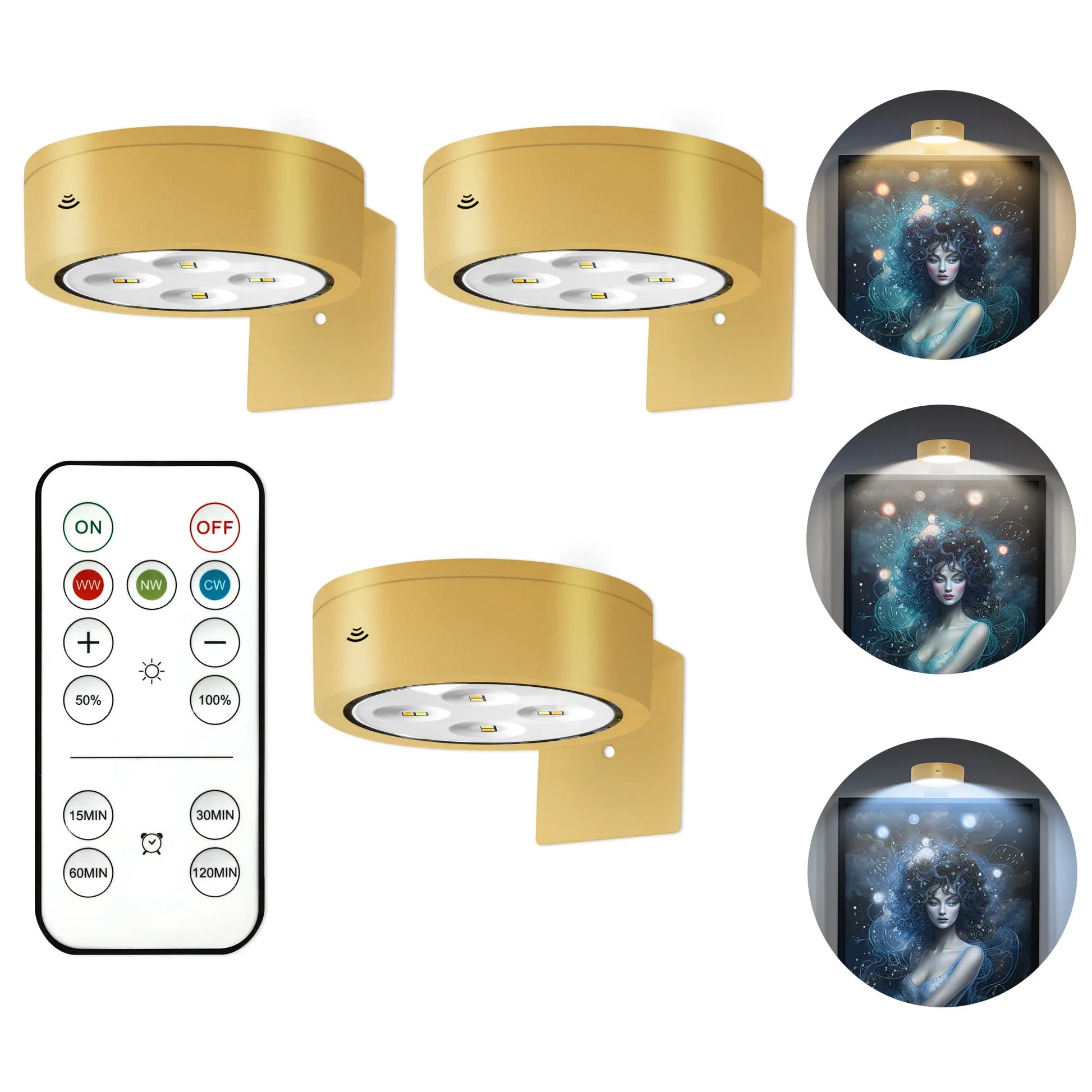 3 PCS Battery Operated Painting Lights, Magnetic LED Painting Lights with Remote Dimming and Timer, 3 Lighting Modes Art Display Lights for Frame Displays, Wireless Wall Decor Puck Lights, Gold Night Light Battery Operated Counter Lamp