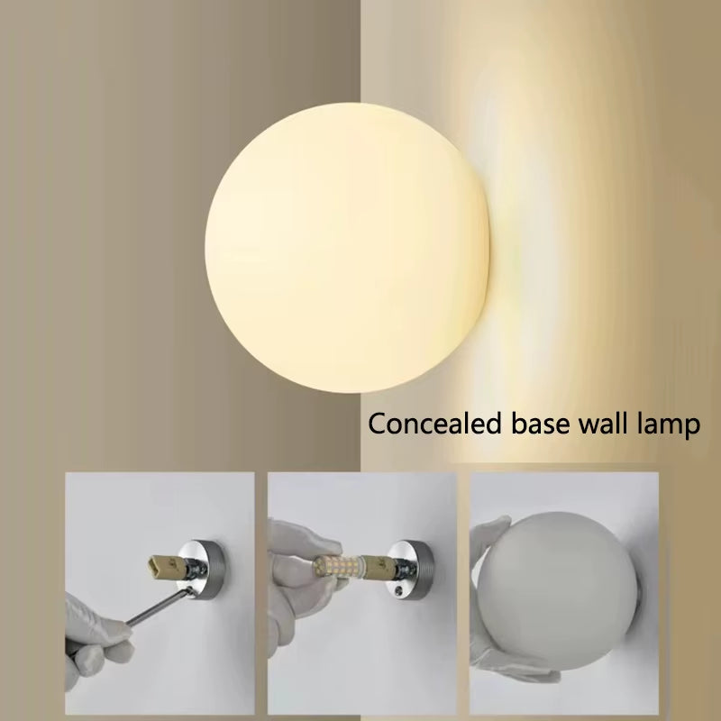New Concealed Base Glass Wall Lamps French Bauhaus Milky White round Ball Wall Light for Bedside Living Room Bathroom Mirror Dec