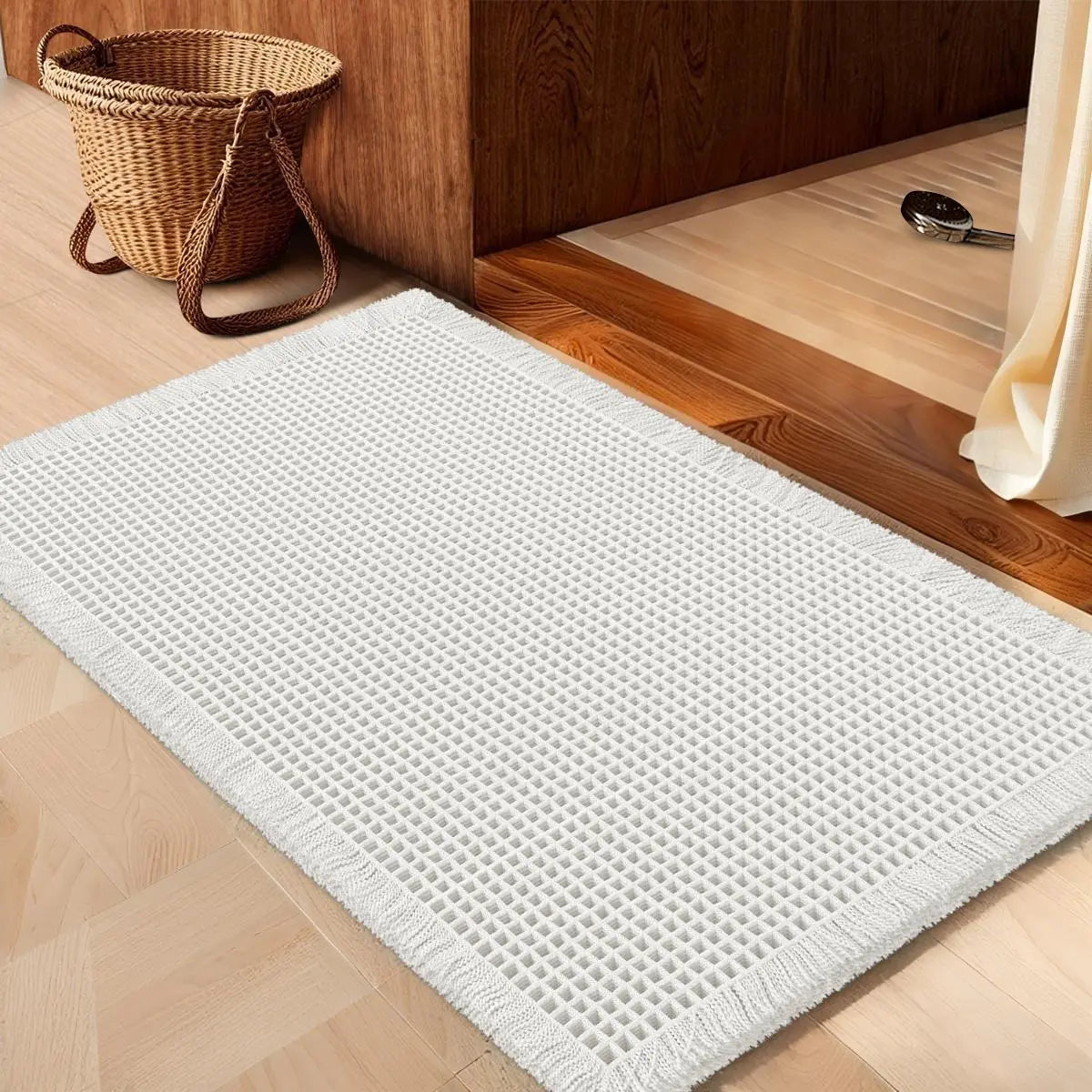 IM HOME Waffle Bath Mat Rugs 1/2/3 Piece, Boho Woven Modern Carpet, Absorbent Non Slip Bathroom Rugs, Soft Washable Bath Rugs with Tassels for Bathroom, Bedroom, Kitchen, Shower, Tub