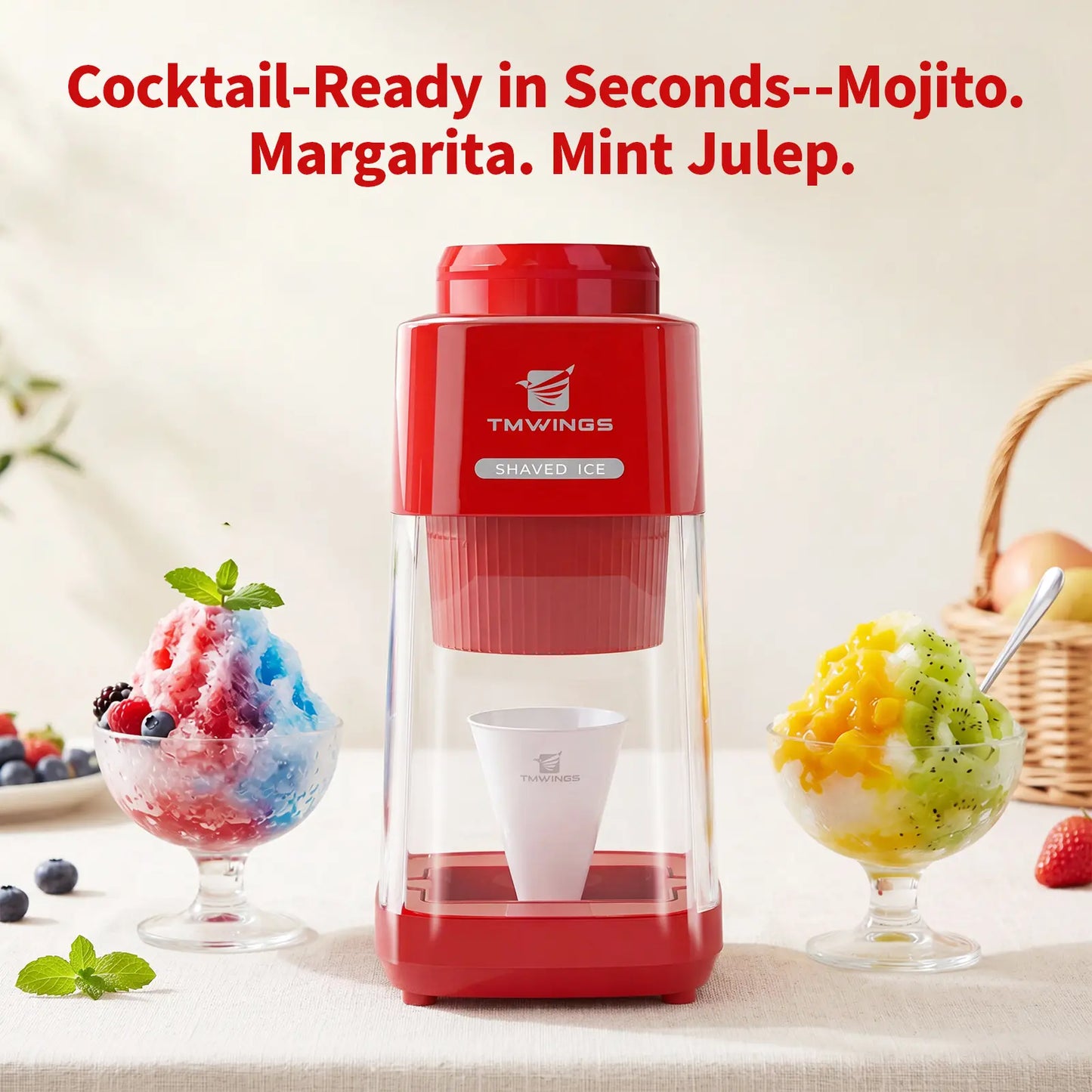 TMWINGS Electric Ice Shaver and Crusher - Portable Snow Cone and Slushy Maker with Stainless Steel Blades, One-Touch Operation, Easy to Clean for Summer Beverages and Entertaining