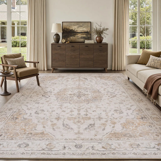 [Summer Wins] Amoami Vintage Area Rug, Machine Washable Soft Carpet with Non Slip TPR Backing, Lightweight Easy Clean Indoor Rug for Living Room, Bedroom, Entryway Home Decor