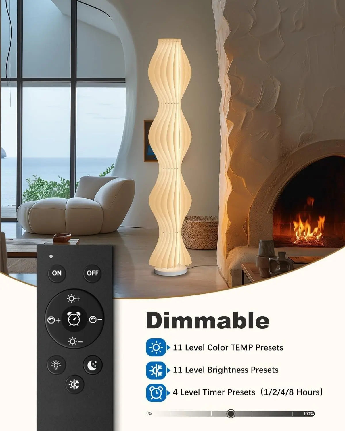 TACAHE Wave Skirt Floor Lamp - 3 Color Temp & Dimmable - Column Standing Floor Lamp with Foot Switch & Remote - 21 Sheets Lampshade - Modern Ambient Light for Living Room, Bedroom - 30W - 66"