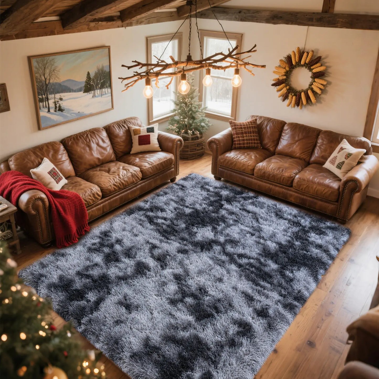 PLUMLIK Blue Grey Area Rugs for Living Room Bedroom, Upgrade Non Slip Fluffy Soft Shag Carpet, Kid and Pet Friendly, Rugs with 4 Stickers, Indoor Floor Shaggy Plush Rug Silky, Esthetic Decor, Gift for Mother'S Day, Easter, Dry Clean Only