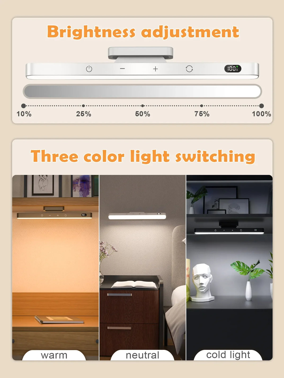 LED Touch Table Lamp Magnetic Desk Lamp Bulit-In 2500Mah Battery for Reading Cabinet Mirror Bedside Rechargeable Night Lights