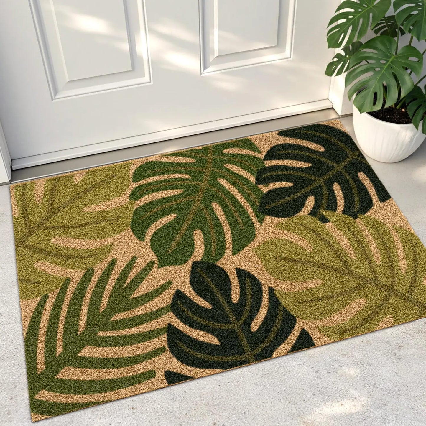 DEXI Front Door Mat outside Entrance Coir, 2X3 Heavy Duty Entry Tropical Plant Doormat, Non Slip Exterior Entryway Floor Dirt Trapper for Porch Patio, Green Monstera Leaves