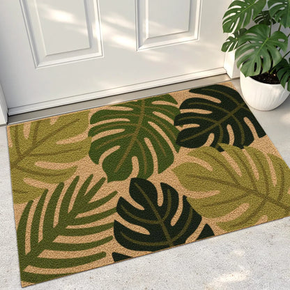 DEXI Front Door Mat outside Entrance Coir, 2X3 Heavy Duty Entry Tropical Plant Doormat, Non Slip Exterior Entryway Floor Dirt Trapper for Porch Patio, Green Monstera Leaves