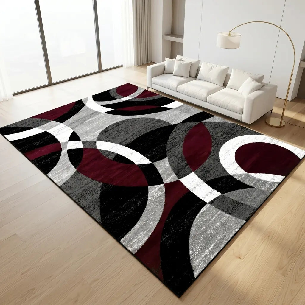 RUGIXE Washable Modern Abstract Area Rug 8X10 5X8 4X6. Ultra Soft Velvet Indoor Carpet with TPR Non-Slip Backing. Black Red Wavy Contemporary Floor Mat for Living Room Bedroom. Pet Friendly, Easy Care Foldable Cozy Decor for Any Space.