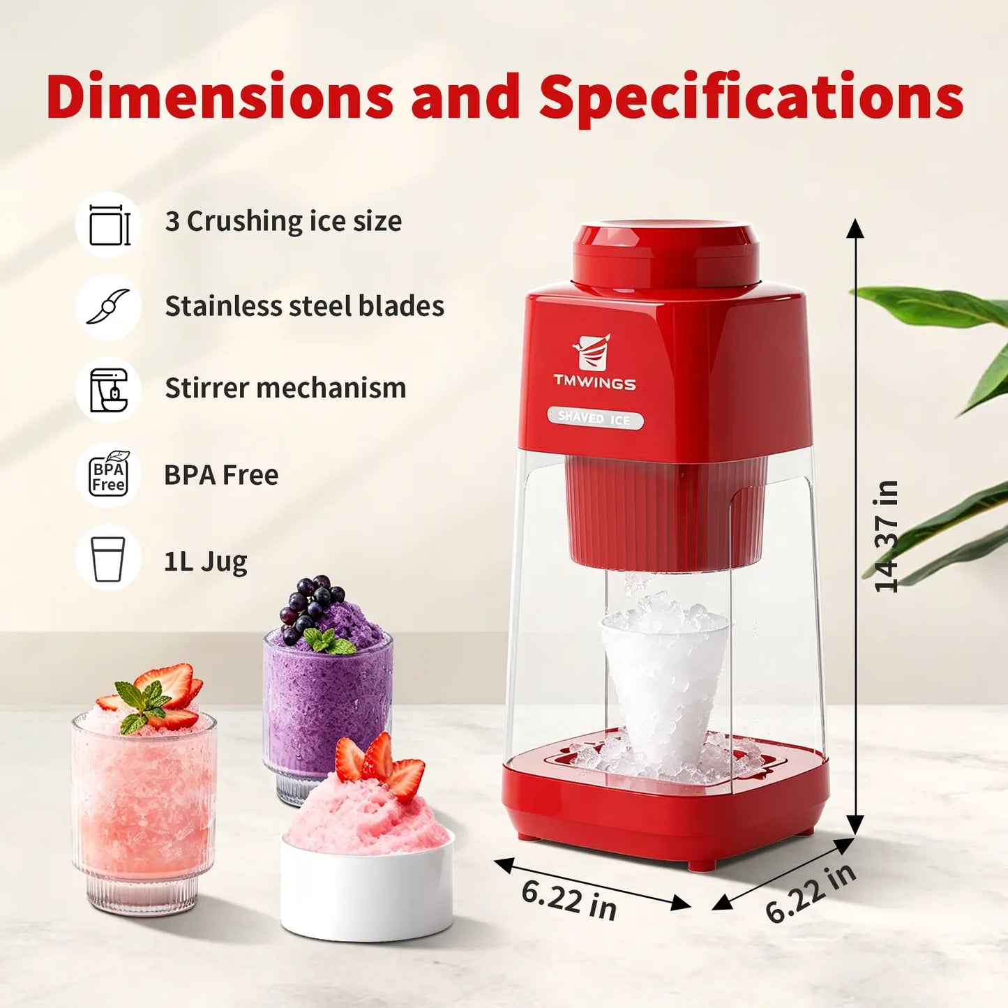 TMWINGS Electric Ice Shaver and Crusher - Portable Snow Cone and Slushy Maker with Stainless Steel Blades, One-Touch Operation, Easy to Clean for Summer Beverages and Entertaining