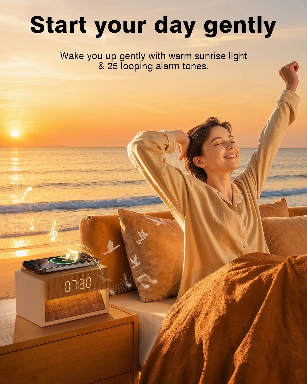 Sleep White Noise Alarm Clock with Wireless Charging 20 Sounds Dual Alarm Snooze Dimmable Display Knob Control for Bedroom Perfect Sleep Gifts