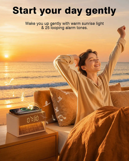 Sleep White Noise Alarm Clock with Wireless Charging 20 Sounds Dual Alarm Snooze Dimmable Display Knob Control for Bedroom Perfect Sleep Gifts