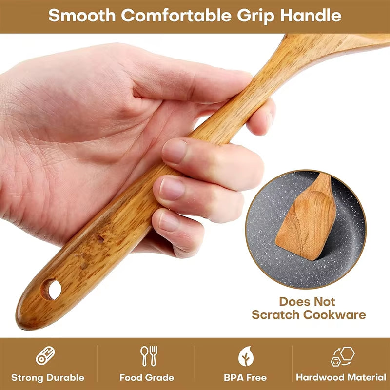 10 Pack Natural Teak Wooden Kitchen Utensil Set Wooden Spoons Spatula Cooking Utensil Set for Cooking Baking JT503