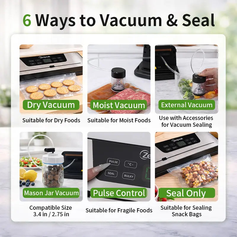 Zenpeak Professional Food Vacuum Sealer with 6mm Wide Seal, Integrated Bag Cutter, Dry & Moist Modes, External Sealing for Bags and Mason Jars, Removable Drip Tray - Ideal Mother's Day Gift