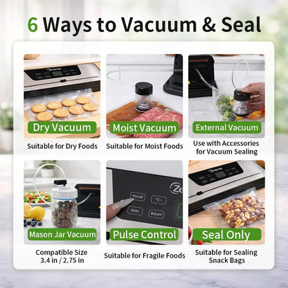 Zenpeak Professional Food Vacuum Sealer with 6mm Wide Seal, Integrated Bag Cutter, Dry & Moist Modes, External Sealing for Bags and Mason Jars, Removable Drip Tray - Ideal Mother's Day Gift