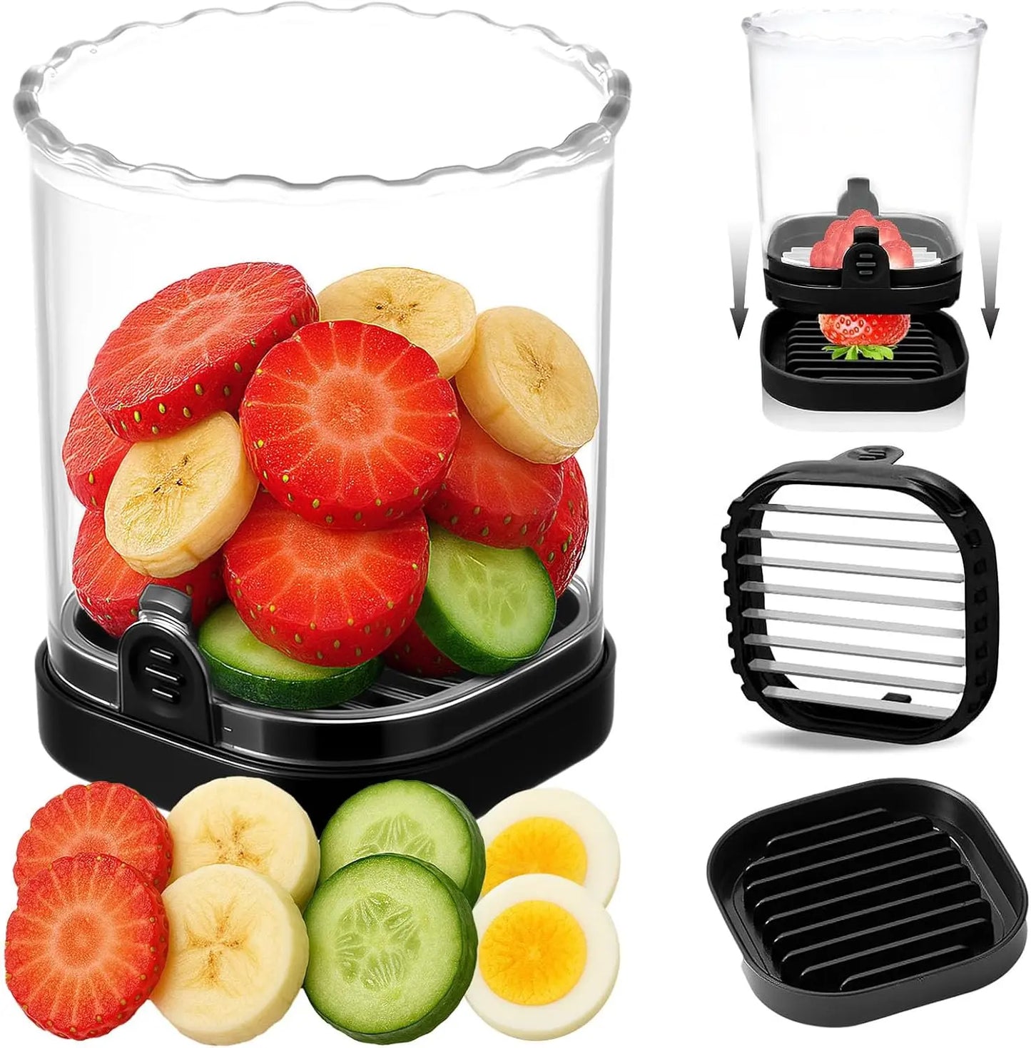 Professional Strawberry and Fruit Slicer with Pusher Plate, Detachable Design, Easy to Clean, Efficient Kitchen Tool, Black