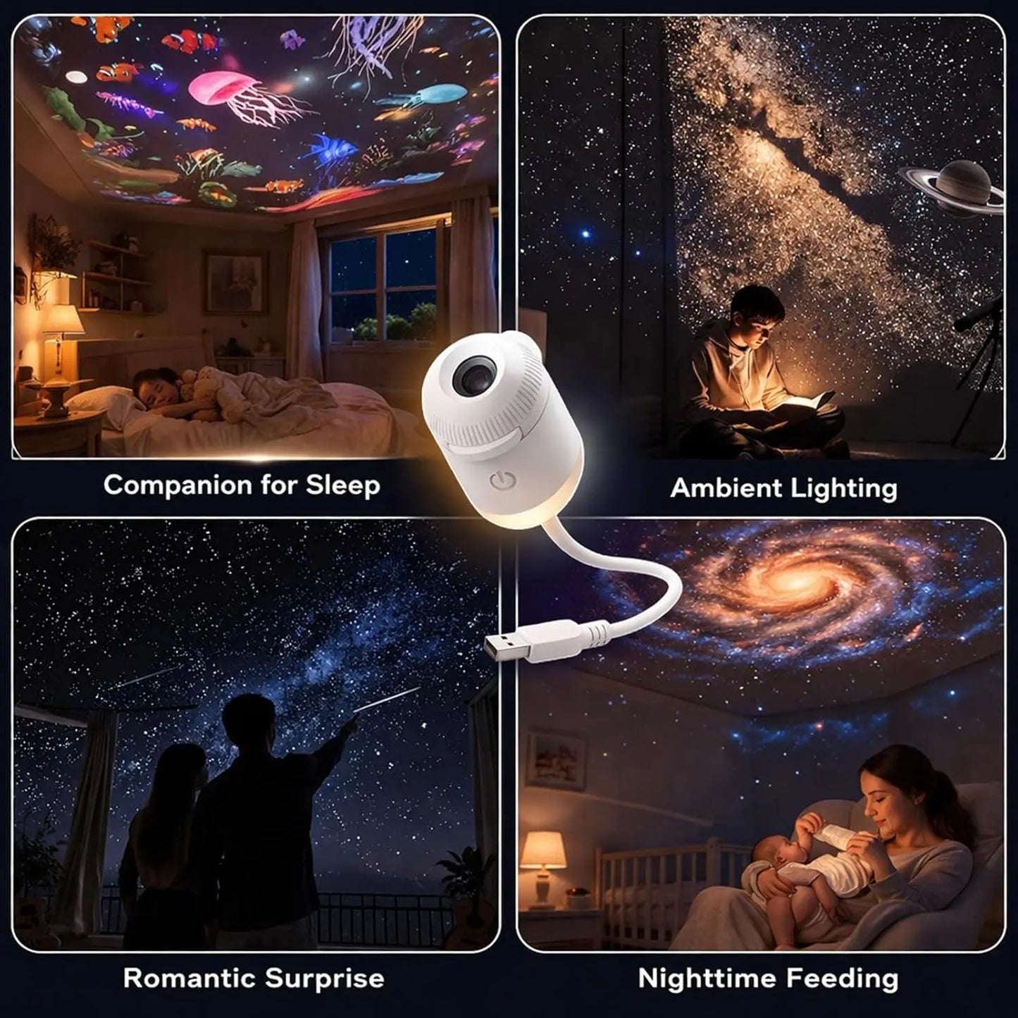 Starry Sky Projector Lamp – USB Rechargeable Night Light, Dual-Mode, 360° Adjustable Projection, Soft Eye Protection, Ambient Sleep Light for Kids & Adults, Home Bedroom Decor
