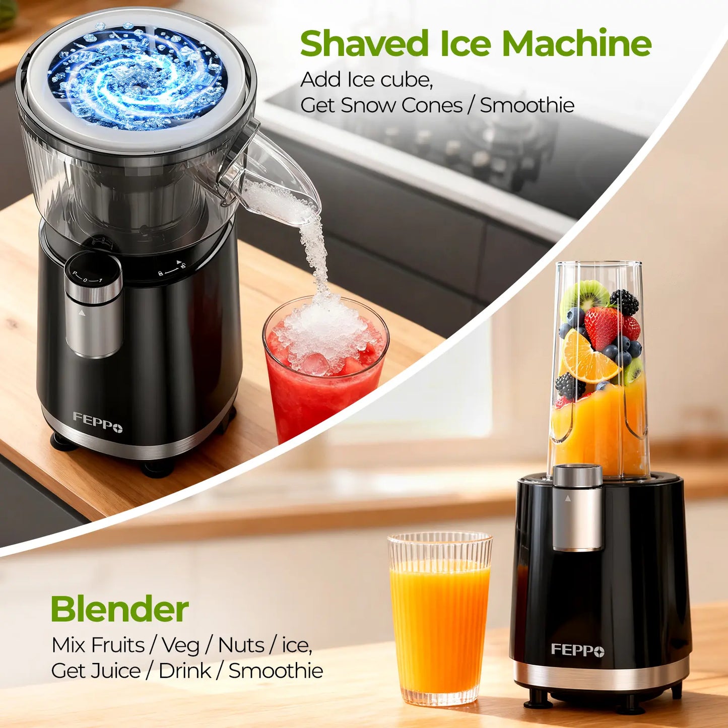 FEPPO 2-in-1 Snow Cone Machine and Smoothie Blender, 700W High-Power Shaved Ice and Slush Machine, Stainless Steel Blade, Healthy Frozen Drink Maker with Smoothie Recipes for Home and Summer Parties