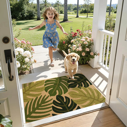 DEXI Front Door Mat outside Entrance Coir, 2X3 Heavy Duty Entry Tropical Plant Doormat, Non Slip Exterior Entryway Floor Dirt Trapper for Porch Patio, Green Monstera Leaves