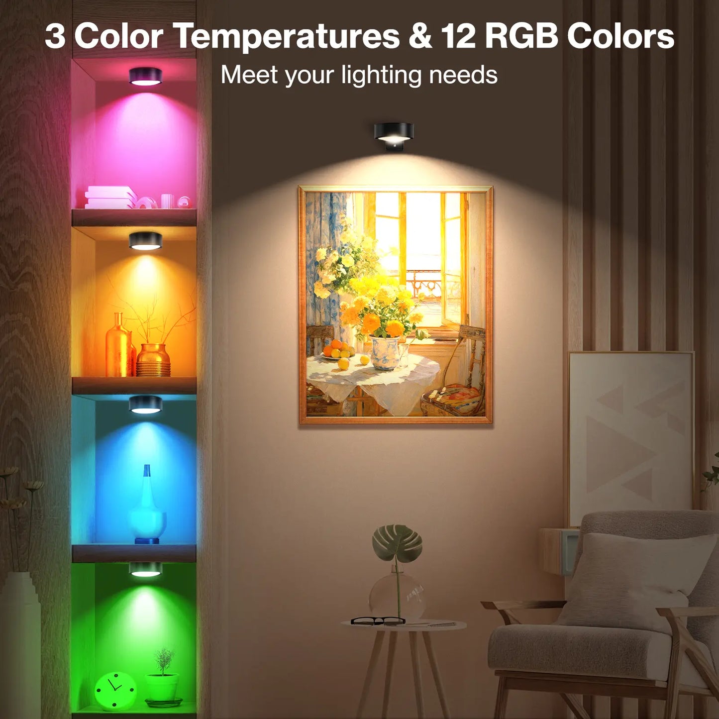 CADRIM Picture Light Wall Light 3 Pack Rechargeable with Remote 12 RGB Colors Dimmable Timer Magnetic Wireless Art Display Lighting for Painting Photo Frame Poster (Renter Friendly)