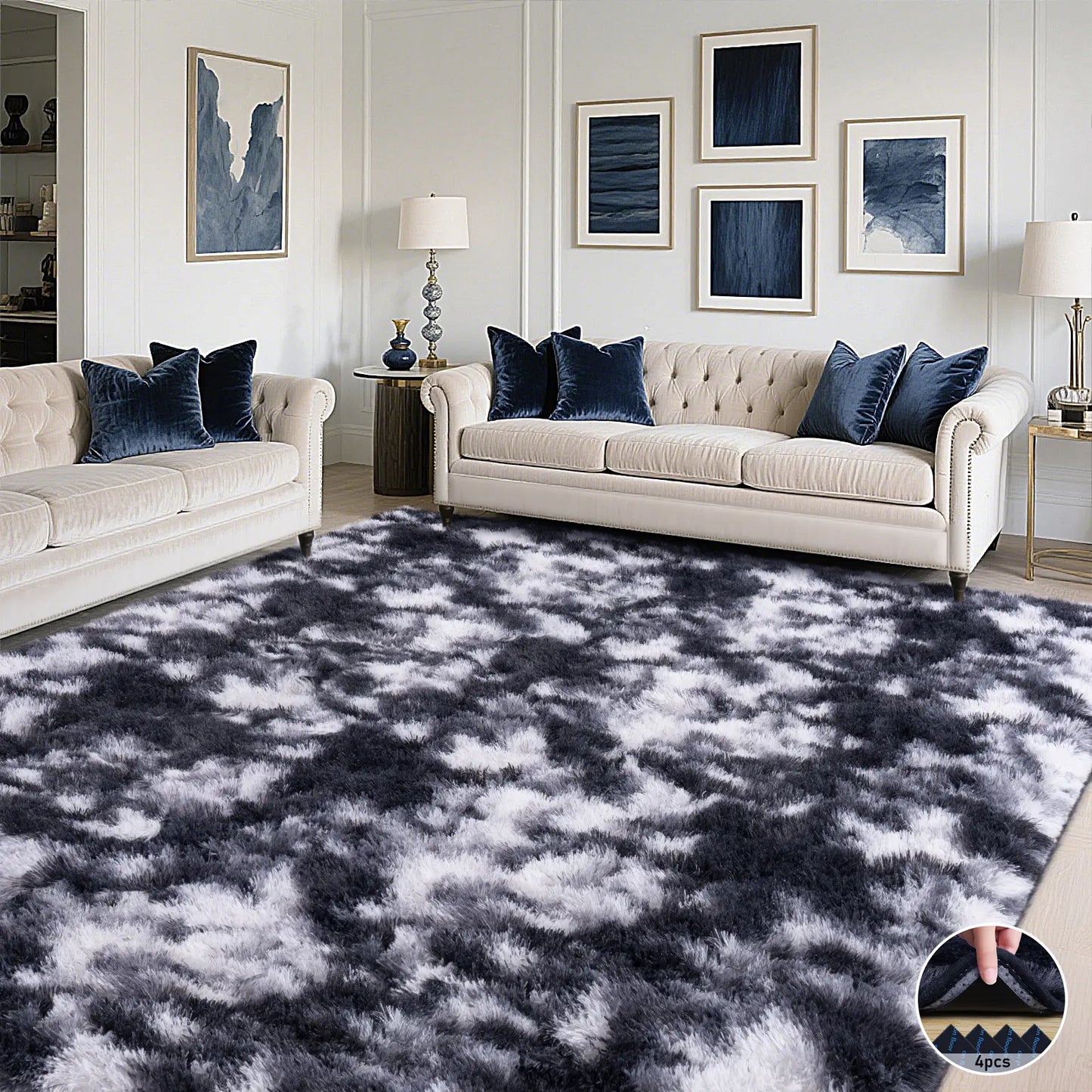 PLUMLIK Blue Grey Area Rugs for Living Room Bedroom, Upgrade Non Slip Fluffy Soft Shag Carpet, Kid and Pet Friendly, Rugs with 4 Stickers, Indoor Floor Shaggy Plush Rug Silky, Esthetic Decor, Gift for Mother'S Day, Easter, Dry Clean Only