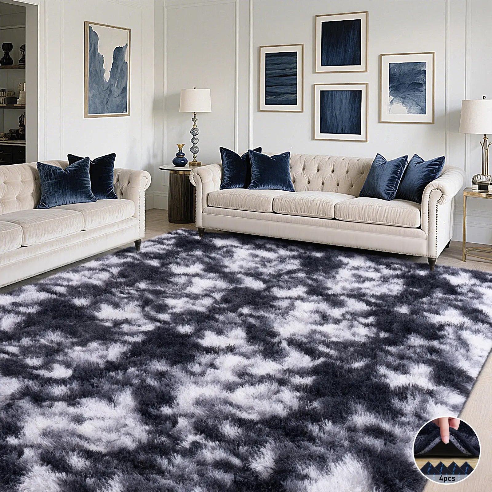 PLUMLIK Blue Grey Area Rugs for Living Room Bedroom, Upgrade Non Slip Fluffy Soft Shag Carpet, Kid and Pet Friendly, Rugs with 4 Stickers, Indoor Floor Shaggy Plush Rug Silky, Esthetic Decor, Gift for Mother'S Day, Easter, Dry Clean Only