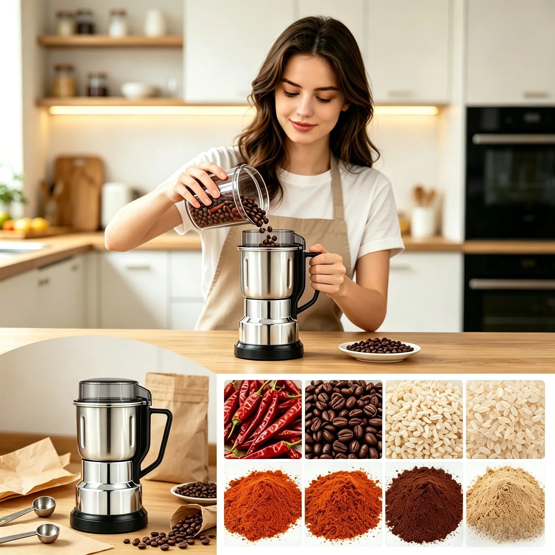 Multifunctional Electric Coffee and Spice Grinder - 300W Large Capacity with 2 Complimentary Knives, Ideal for Grinding Coffee Beans, Spices, Nuts, and Grains for Kitchen and Pantry Use
