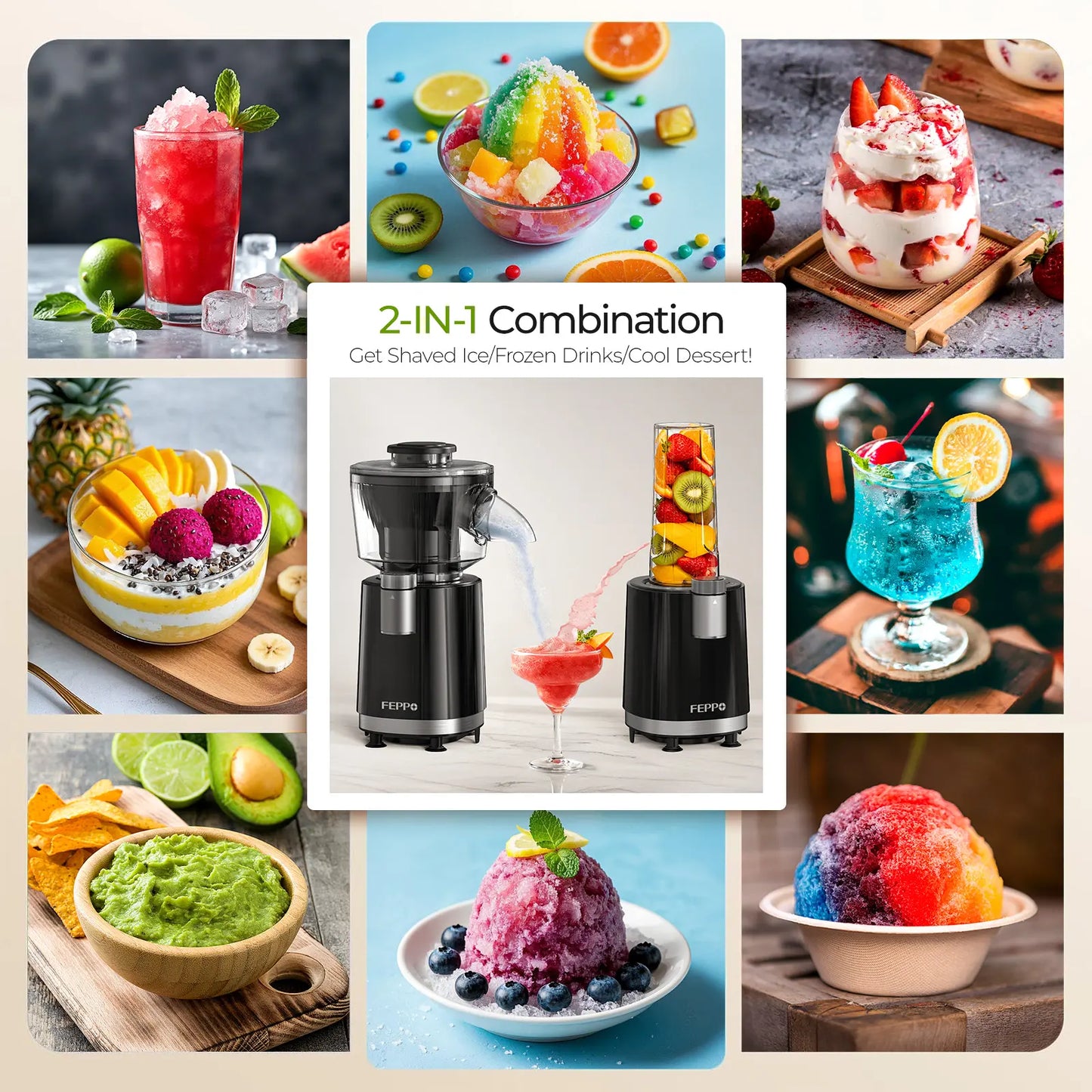 FEPPO 2-in-1 Snow Cone Machine and Smoothie Blender, 700W High-Power Shaved Ice and Slush Machine, Stainless Steel Blade, Healthy Frozen Drink Maker with Smoothie Recipes for Home and Summer Parties