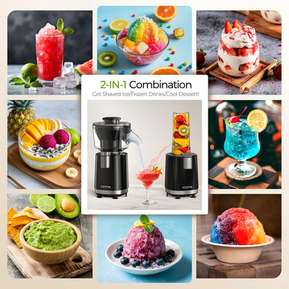 FEPPO 2-in-1 Snow Cone Machine and Smoothie Blender, 700W High-Power Shaved Ice and Slush Machine, Stainless Steel Blade, Healthy Frozen Drink Maker with Smoothie Recipes for Home and Summer Parties