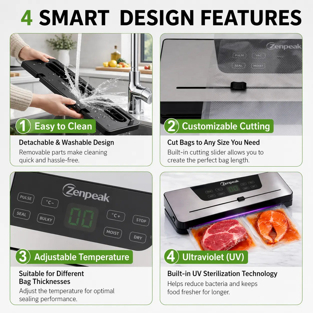 Zenpeak Professional Food Vacuum Sealer with 6mm Wide Seal, Integrated Bag Cutter, Dry & Moist Modes, External Sealing for Bags and Mason Jars, Removable Drip Tray - Ideal Mother's Day Gift