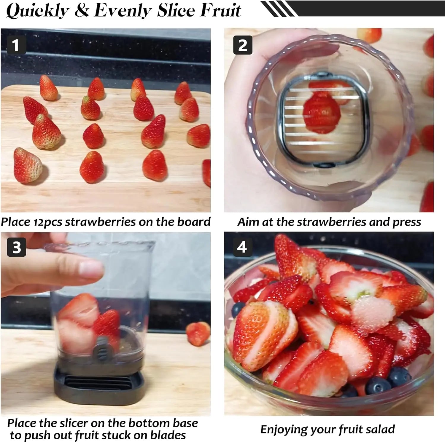 Professional Strawberry and Fruit Slicer with Pusher Plate, Detachable Design, Easy to Clean, Efficient Kitchen Tool, Black