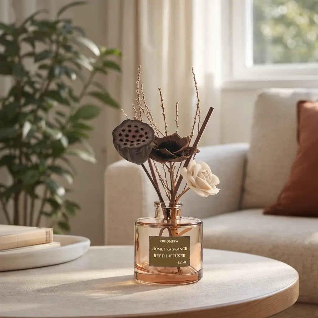 KBHOMFRA Reed Diffuser Jasmine Cedar Sandalwood Scent 4.06Fl.Oz Essential Oil Long-Lasting Fragrance for Livingroom Bedroom & Bathroom with Dried Flowers