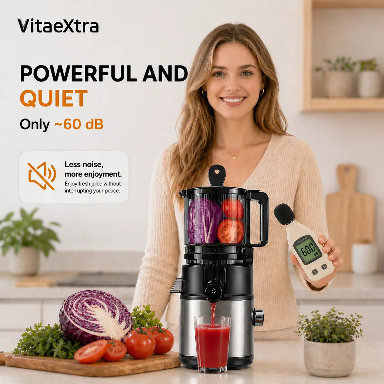 Vitaextra Professional Cold Press Juicer with 5.8" Extra Large Chute, Quiet Masticating Technology for Whole Fruits, Vegetables, and High Juice Yield, 250W AC Motor, Easy Clean Design
