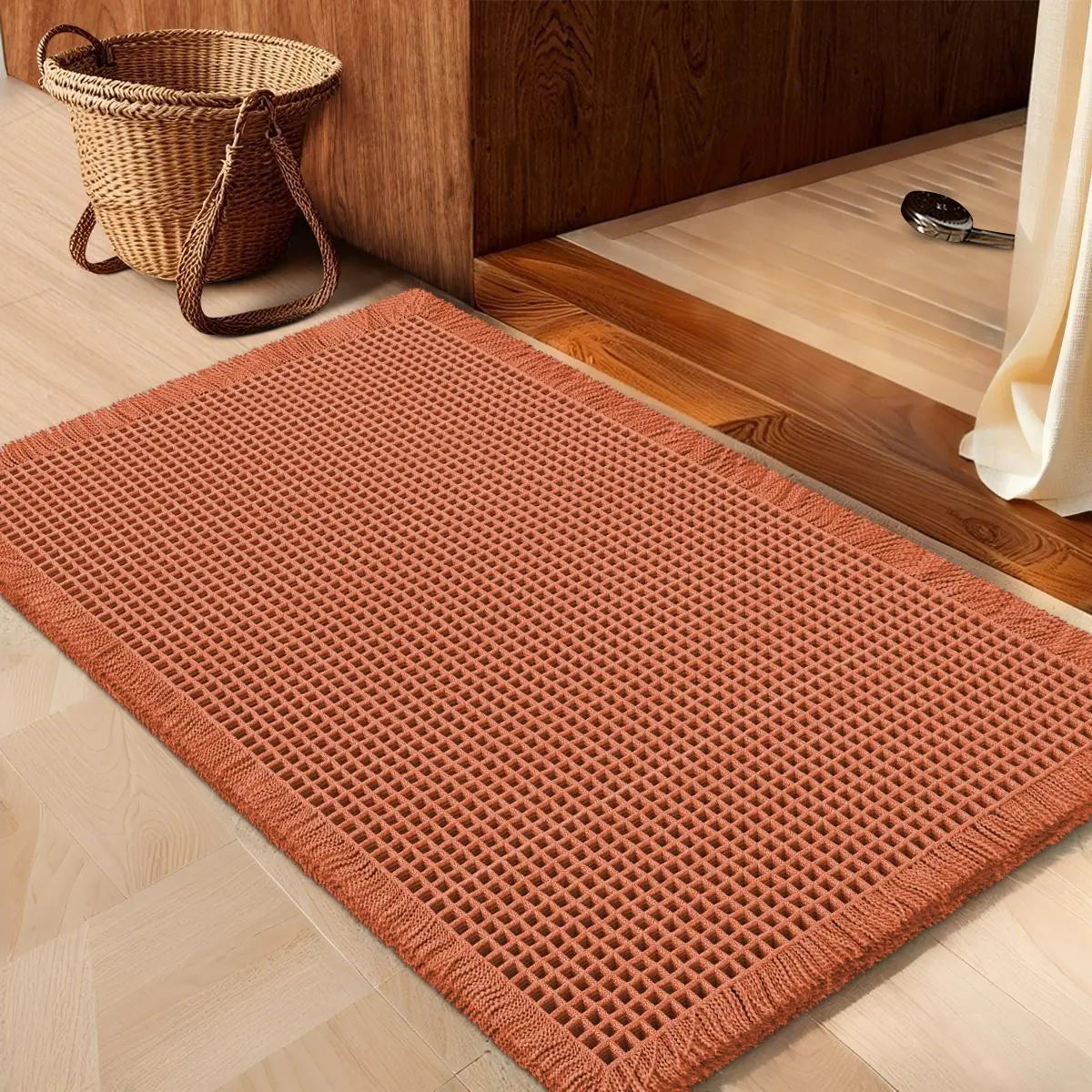 IM HOME Waffle Bath Mat Rugs 1/2/3 Piece, Boho Woven Modern Carpet, Absorbent Non Slip Bathroom Rugs, Soft Washable Bath Rugs with Tassels for Bathroom, Bedroom, Kitchen, Shower, Tub