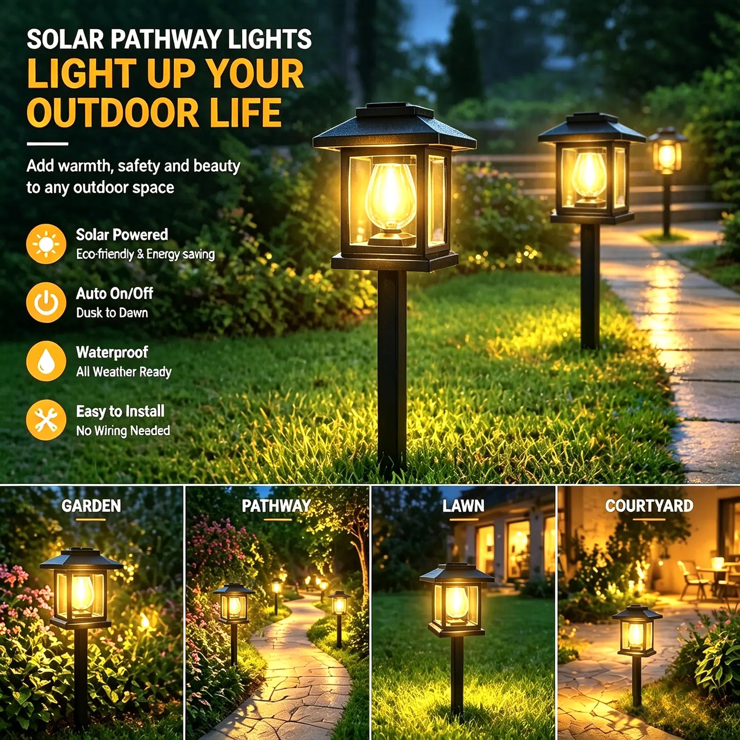 Elegant Solar Pathway Lights – Modern Luxury Design, Easy Installation, Auto On/Off, IP65 Waterproof, Perfect for Garden, Yard, Driveway & Backyard, Decorative Outdoor Solar Floor Lamps