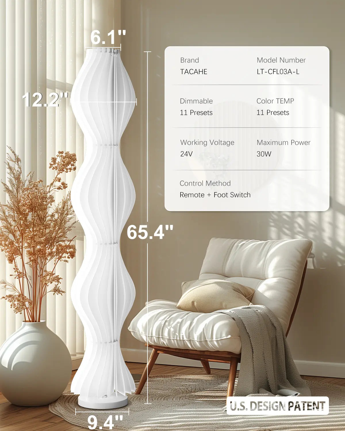 TACAHE Wave Skirt Floor Lamp - 3 Color Temp & Dimmable - Column Standing Floor Lamp with Foot Switch & Remote - 21 Sheets Lampshade - Modern Ambient Light for Living Room, Bedroom - 30W - 66"