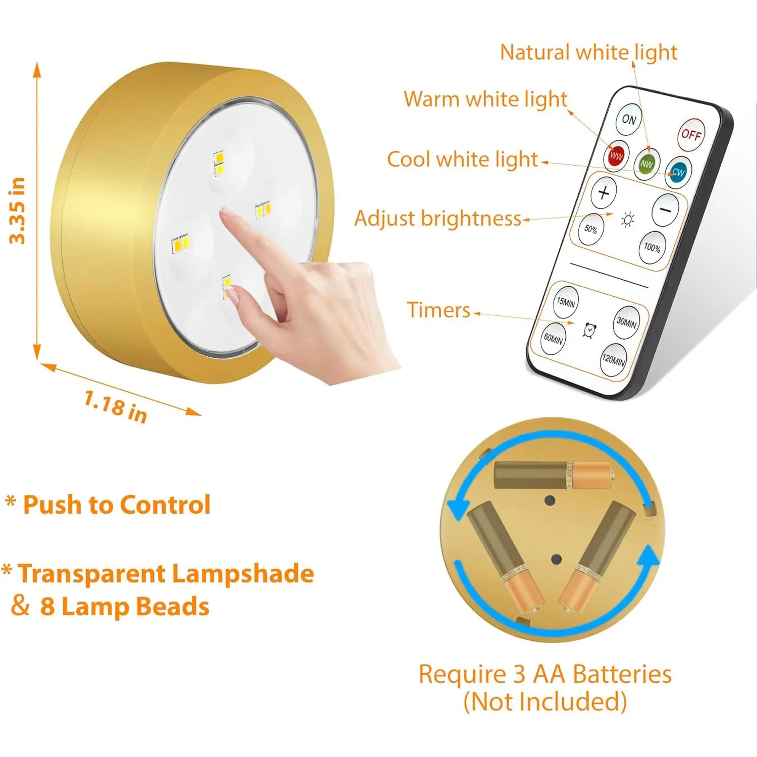 3 PCS Battery Operated Painting Lights, Magnetic LED Painting Lights with Remote Dimming and Timer, 3 Lighting Modes Art Display Lights for Frame Displays, Wireless Wall Decor Puck Lights, Gold Night Light Battery Operated Counter Lamp
