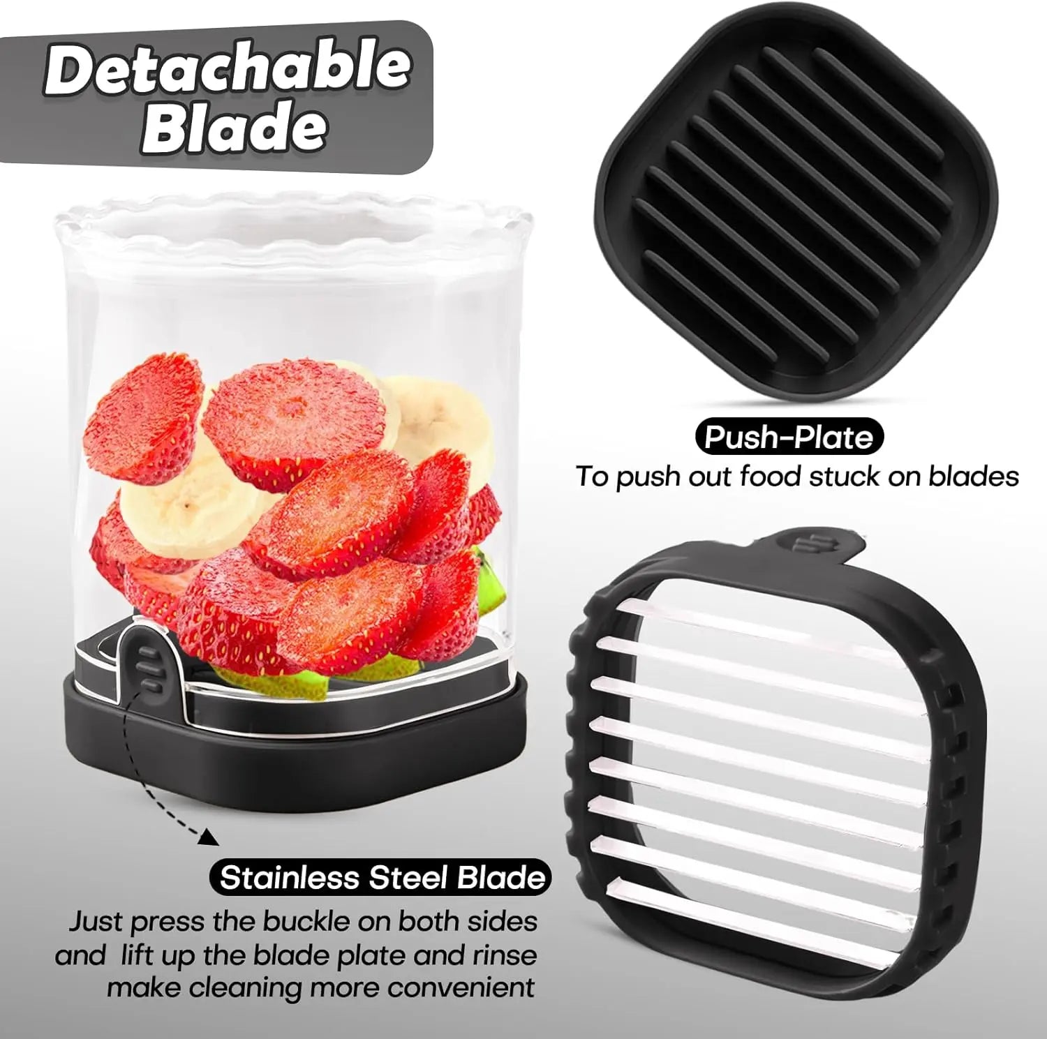 Professional Strawberry and Fruit Slicer with Pusher Plate, Detachable Design, Easy to Clean, Efficient Kitchen Tool, Black