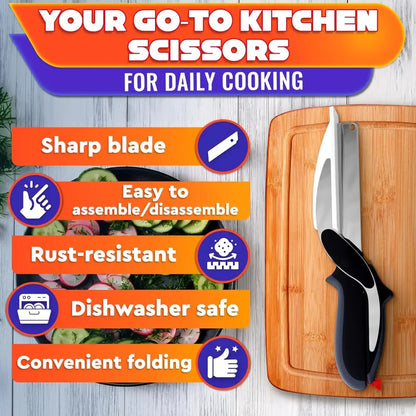2-in-1 Kitchen Scissors with Stainless Steel Blade and Cutting Board - 9.6" Multi-Purpose Shears for Fruits, Vegetables, Meat, and Cheese with Safety Lock