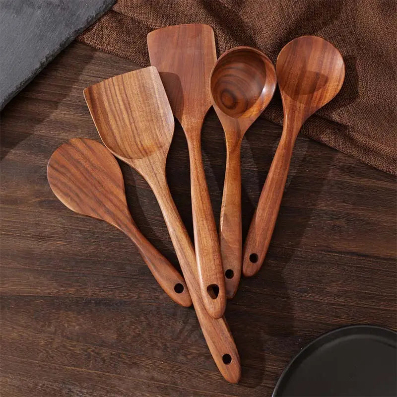 Eco-Friendly Natural Wooden Spatula Set - 5 Pieces with Ergonomic Handles, Heat Resistant and Durable Kitchen Cooking Tools for Non-Stick Cookware