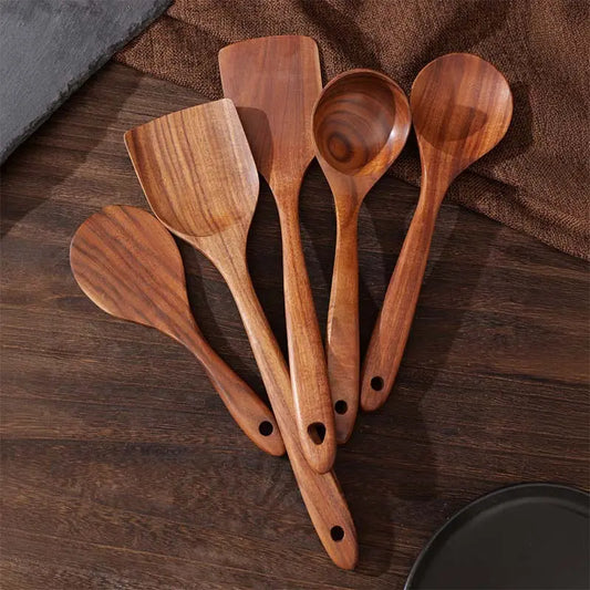 Eco-Friendly Natural Wooden Spatula Set - 5 Pieces with Ergonomic Handles, Heat Resistant and Durable Kitchen Cooking Tools for Non-Stick Cookware