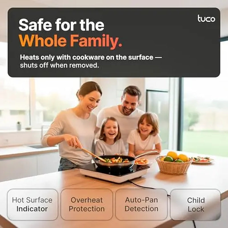 TUCO Induction Cooktop Burner - Portable Electric Stove with Shatter-Proof Ceramic Glass, LCD Touch Sensor, ETL Certified, 20 Cooking Modes, 1800 Watts