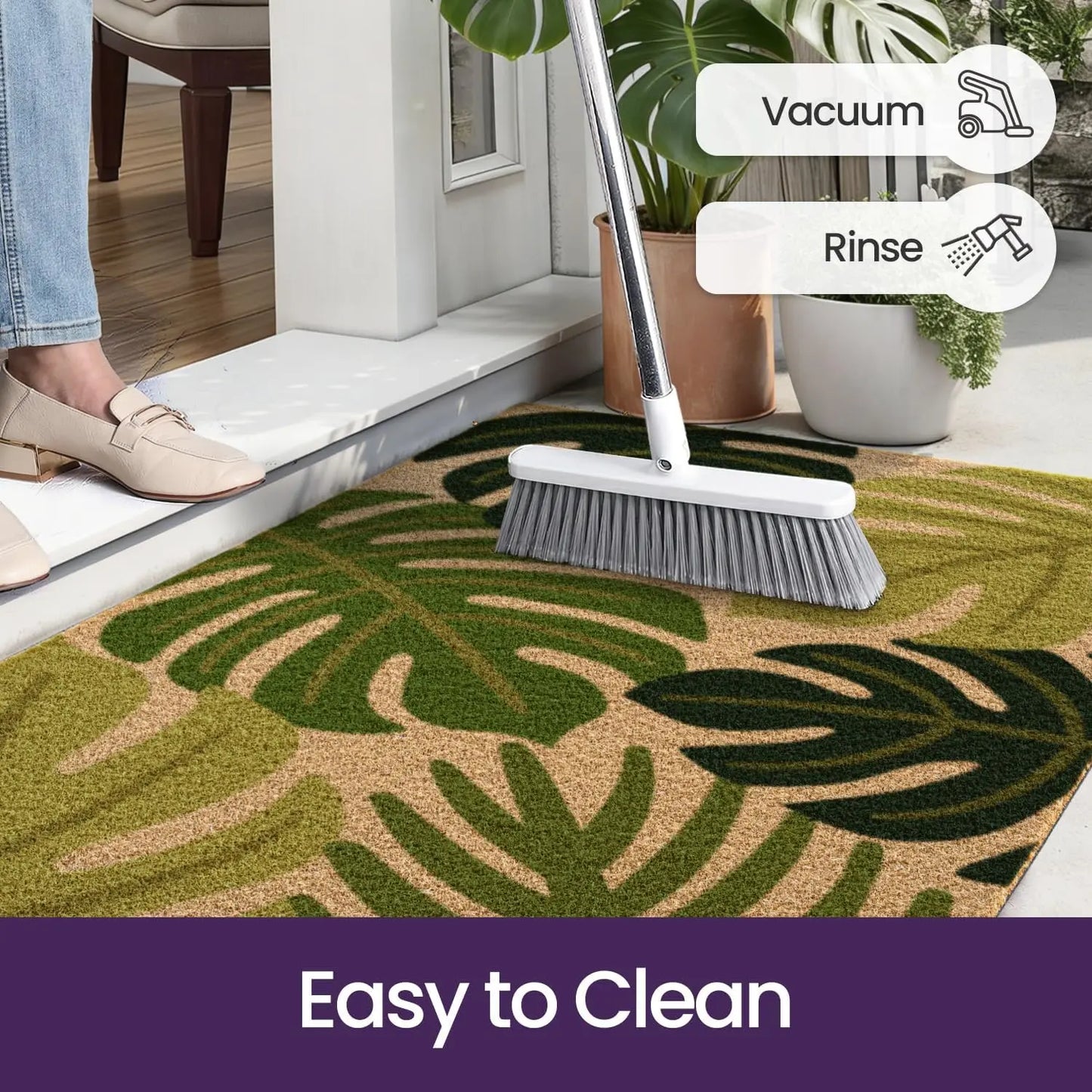 DEXI Front Door Mat outside Entrance Coir, 2X3 Heavy Duty Entry Tropical Plant Doormat, Non Slip Exterior Entryway Floor Dirt Trapper for Porch Patio, Green Monstera Leaves