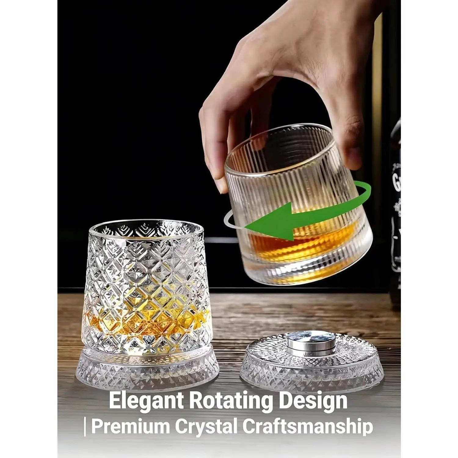 Luxury 360° Rotating Whiskey Glass with Heavy Relief Base - Hand-Painted Crystal Old Fashioned Glass, Unique Embossed Design, 2026 Edition