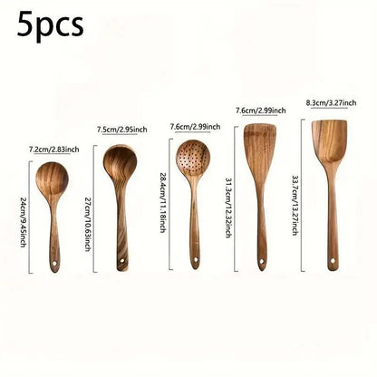Eco-Friendly Natural Wooden Spatula Set - 5 Pieces with Ergonomic Handles, Heat Resistant and Durable Kitchen Cooking Tools for Non-Stick Cookware
