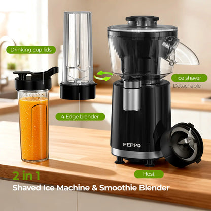 FEPPO 2-in-1 Snow Cone Machine and Smoothie Blender, 700W High-Power Shaved Ice and Slush Machine, Stainless Steel Blade, Healthy Frozen Drink Maker with Smoothie Recipes for Home and Summer Parties
