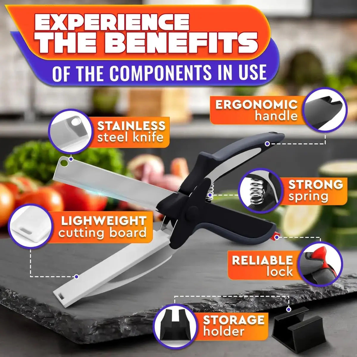 2-in-1 Kitchen Scissors with Stainless Steel Blade and Cutting Board - 9.6" Multi-Purpose Shears for Fruits, Vegetables, Meat, and Cheese with Safety Lock