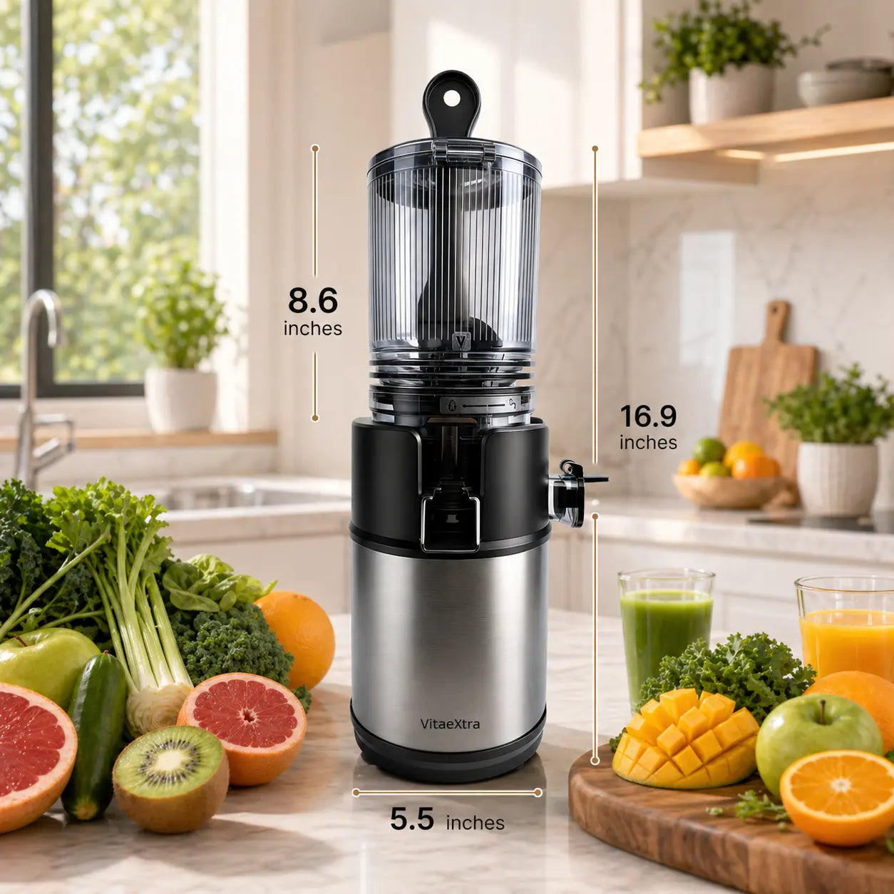 Vitaextra Professional Cold Press Juicer with 5.8" Extra Large Chute, Quiet Masticating Technology for Whole Fruits, Vegetables, and High Juice Yield, 250W AC Motor, Easy Clean Design