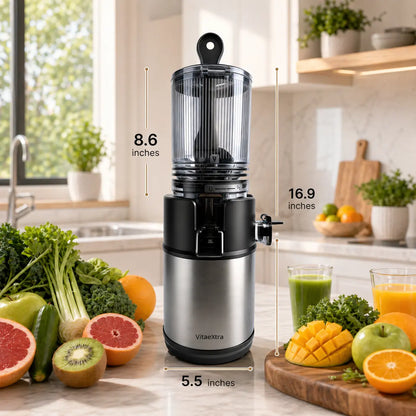 Vitaextra Professional Cold Press Juicer with 5.8" Extra Large Chute, Quiet Masticating Technology for Whole Fruits, Vegetables, and High Juice Yield, 250W AC Motor, Easy Clean Design