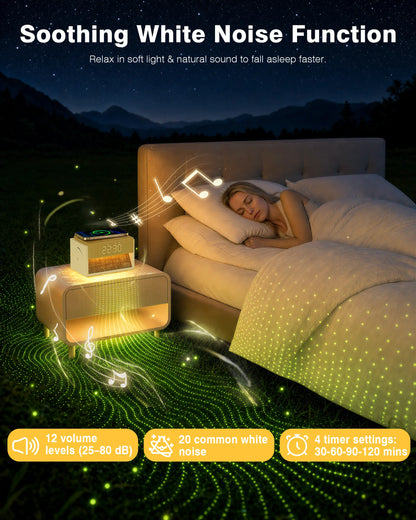 Sleep White Noise Alarm Clock with Wireless Charging 20 Sounds Dual Alarm Snooze Dimmable Display Knob Control for Bedroom Perfect Sleep Gifts