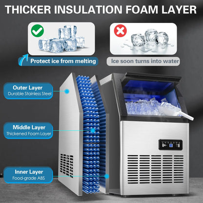 5 Gallon Bucket and Tap Water Supply Commercial Ice Maker Machine - 110LBS/24H, Stainless Steel Freestanding Design, 28LBS Storage Capacity, Dual Water Inlet Modes, Portable Countertop Ice Cube Maker